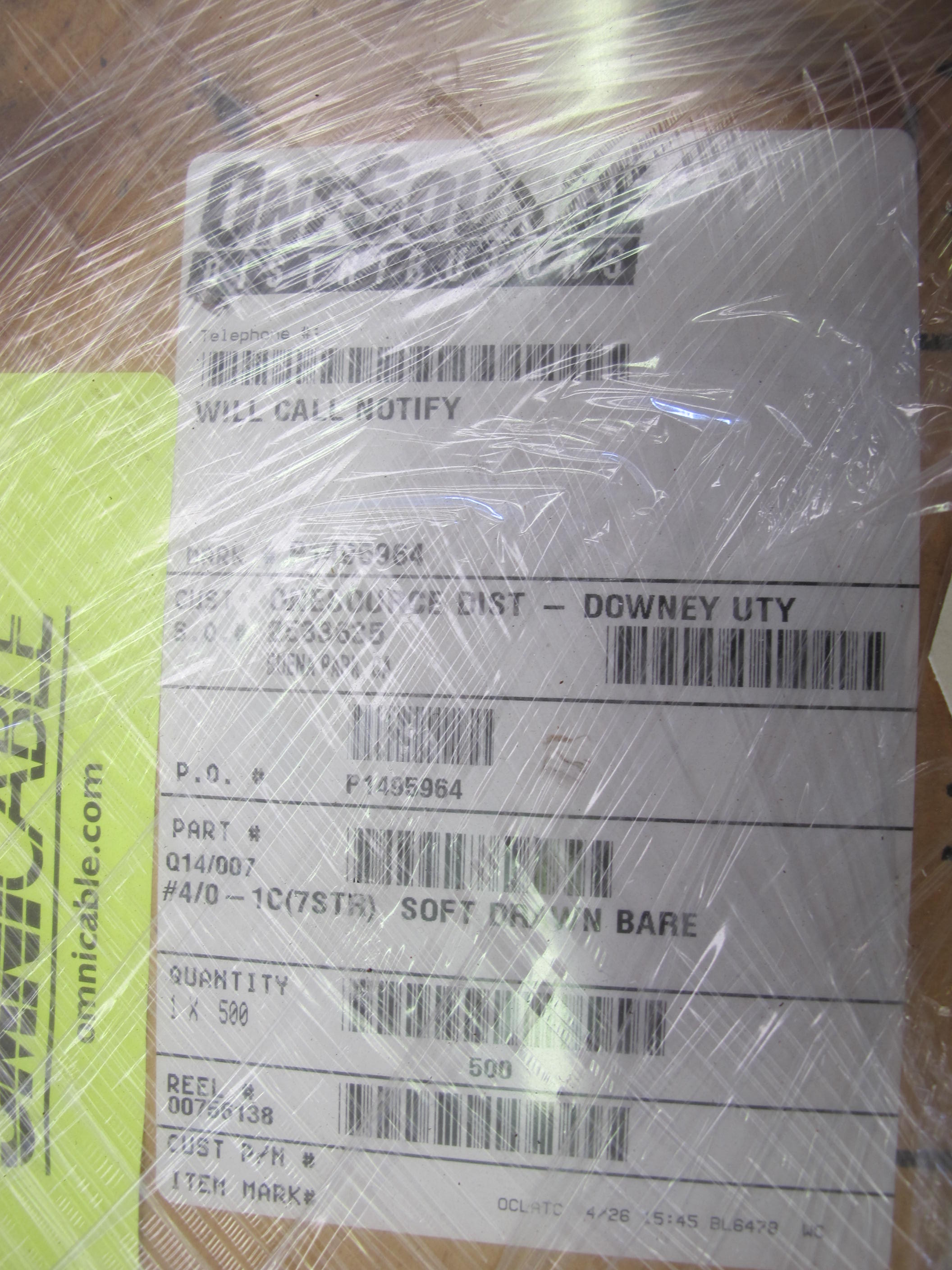 LOT (1000 FT) OF CABLE, ELECTRICAL TYPE, 4/0 AWG SIZE, COPPER MATERIAL, SOFT DRAWN KIND. BARE, 7 STRANDED, SOFT DRAWN, 1.531 FT. PER LB. 2 SPOOLS OF 500' (W-44) LOADING & HANDLING FEE $15-